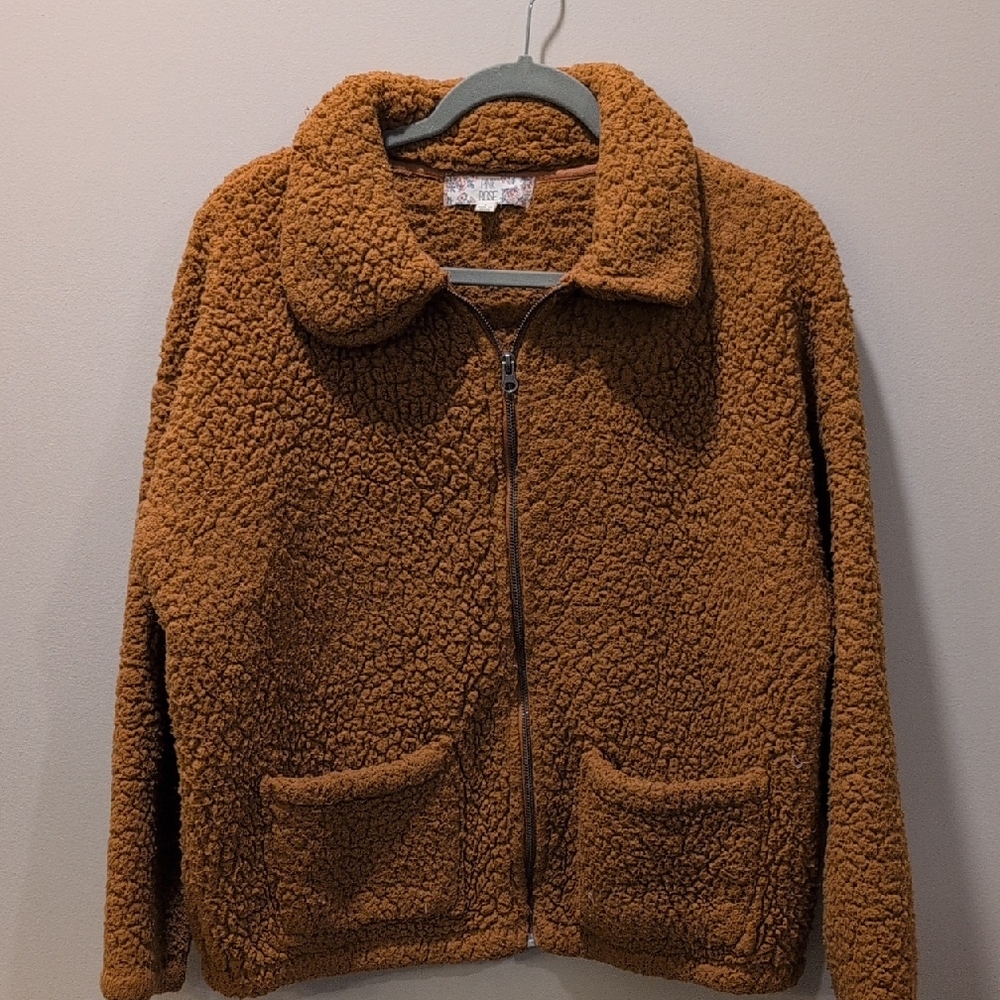 Pink Rose Brown Jacket Cozy Teddy Bear Sherpa Size Large Juniors